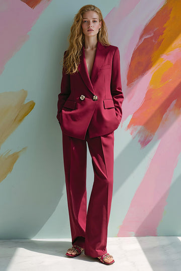 Burgundy Long Sleeve Peak Lapel Women Business Suits